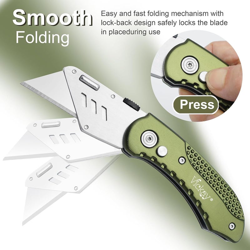 Vickay Folding Utility Knife, Box Cutter with 5 SK5 Quick Change Blades, Safety Axis Lock Design Razor Knife, Lightweight Aluminum Handle Belt Clip for Office Home Artcraft (Olive Green) - Image 5